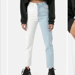 Half White, Half Blue Denim Mom Jeans